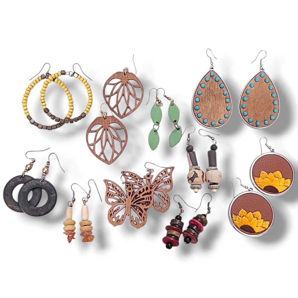 Lot of 10 Pairs Big Wood & Organic Bead Dangle Earrings